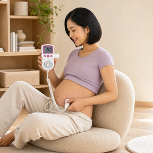 Babyecho Doppler Standard used for an at-home pregnancy bonding moment