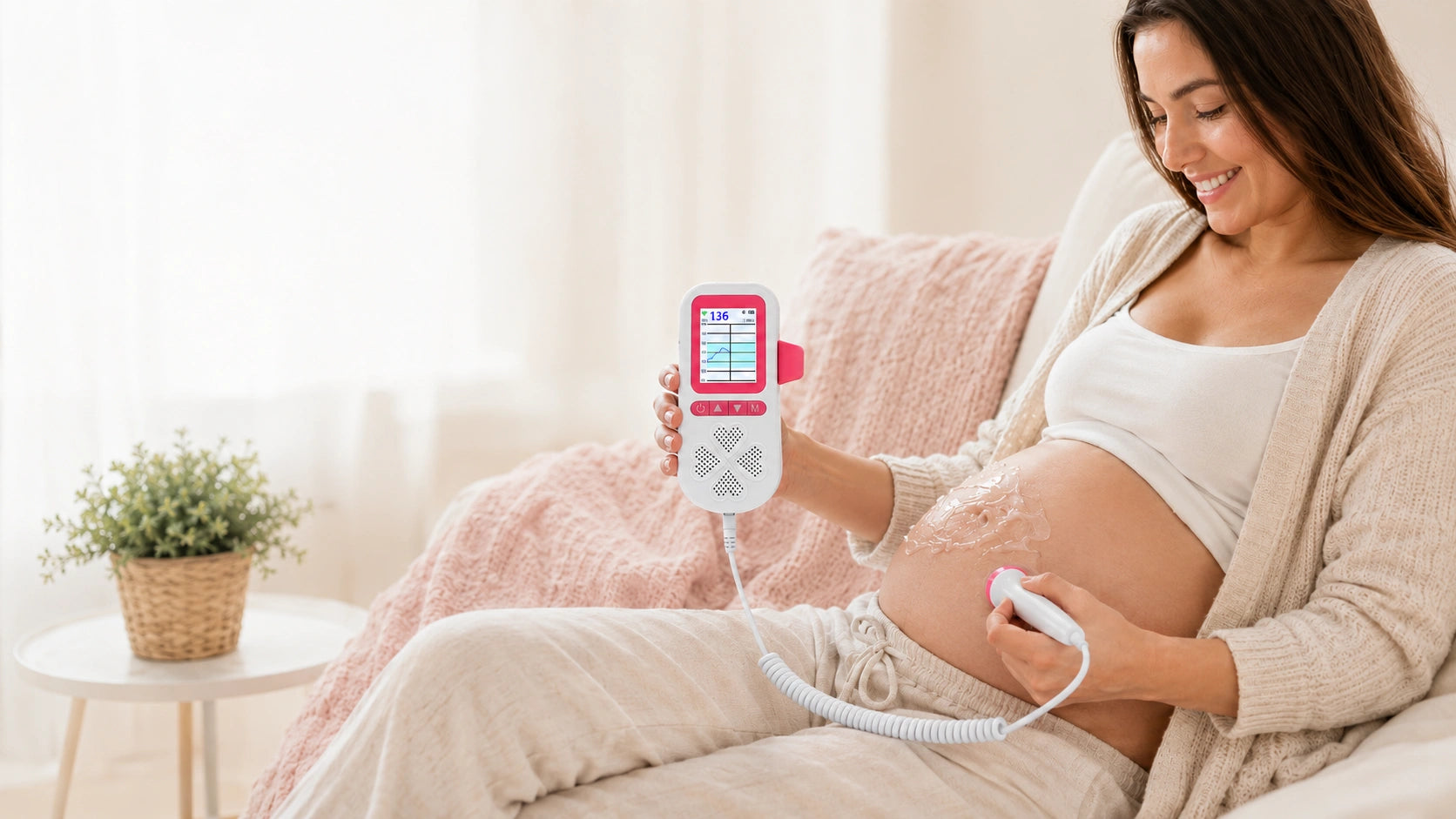 Pregnant mother using BabyEcho fetal doppler at home for baby heartbeat listening
