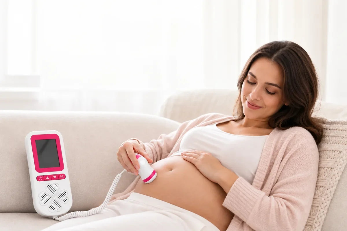Pregnant adult pausing calmly with a Babyecho fetal Doppler and probe