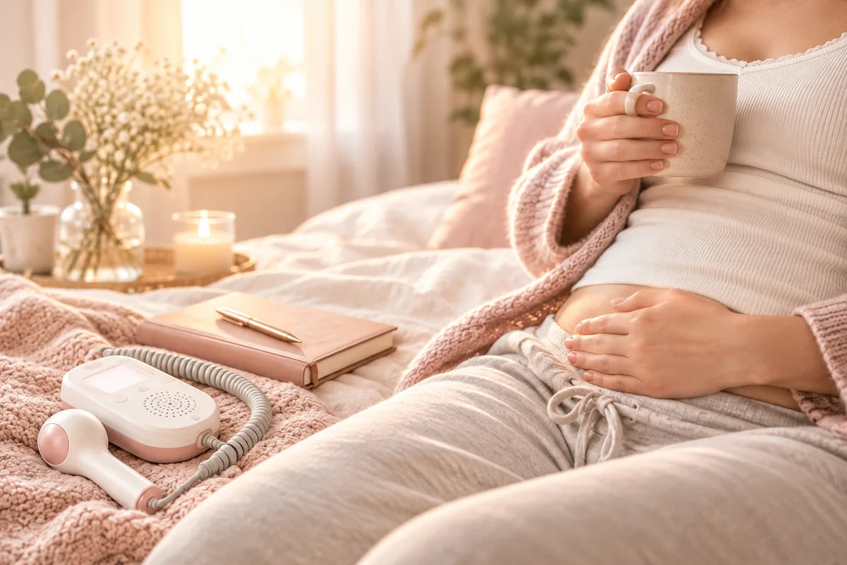 Pregnant adult journaling beside a fetal Doppler with a blank screen