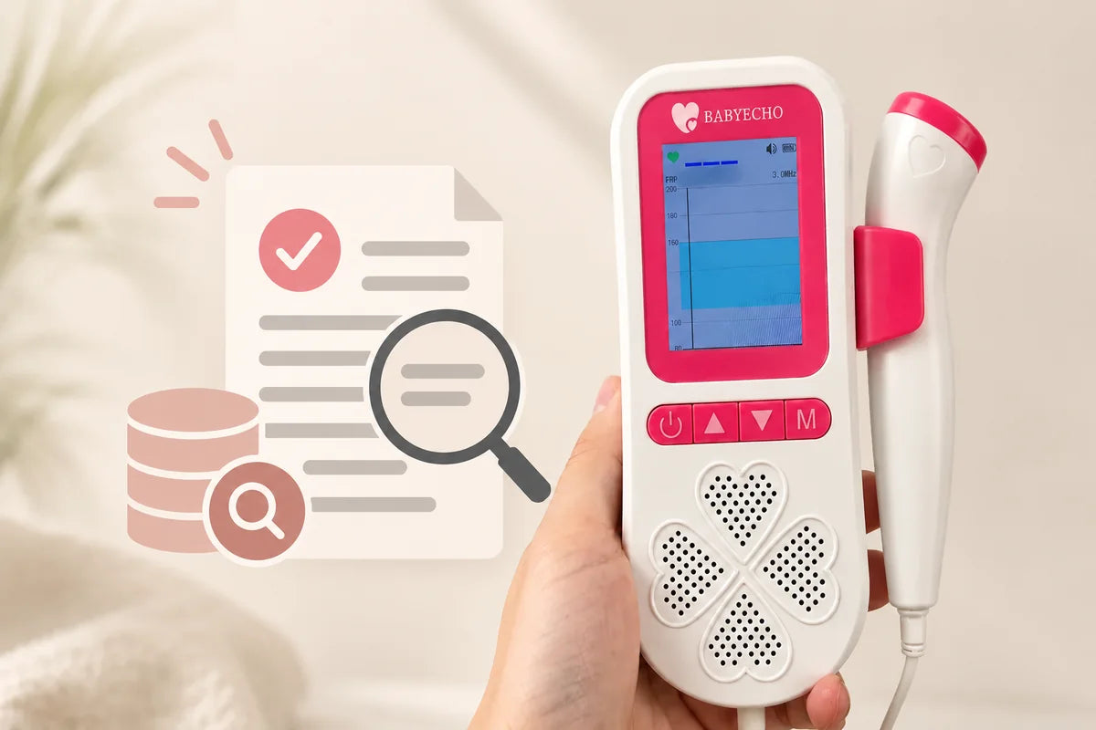 Babyecho fetal Doppler beside a document and database search illustration