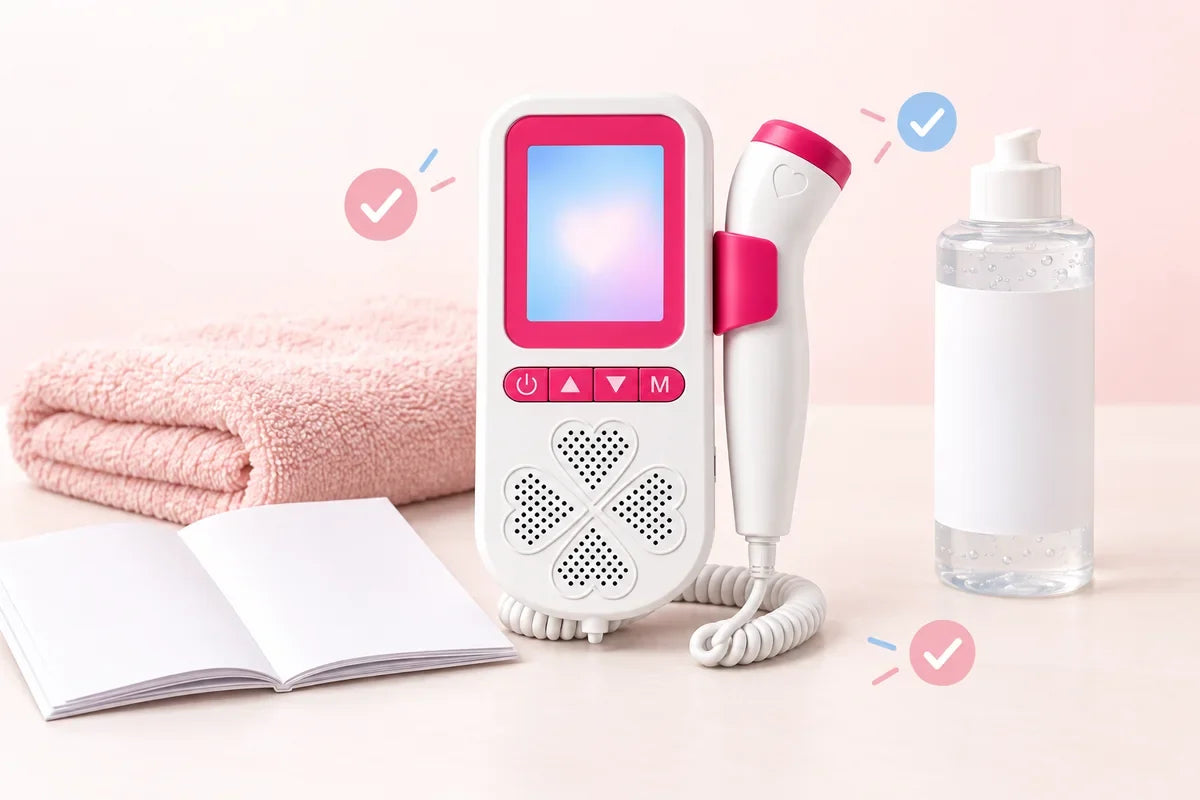 Fetal Doppler, probe, gel and towel arranged as a careful setup checklist
