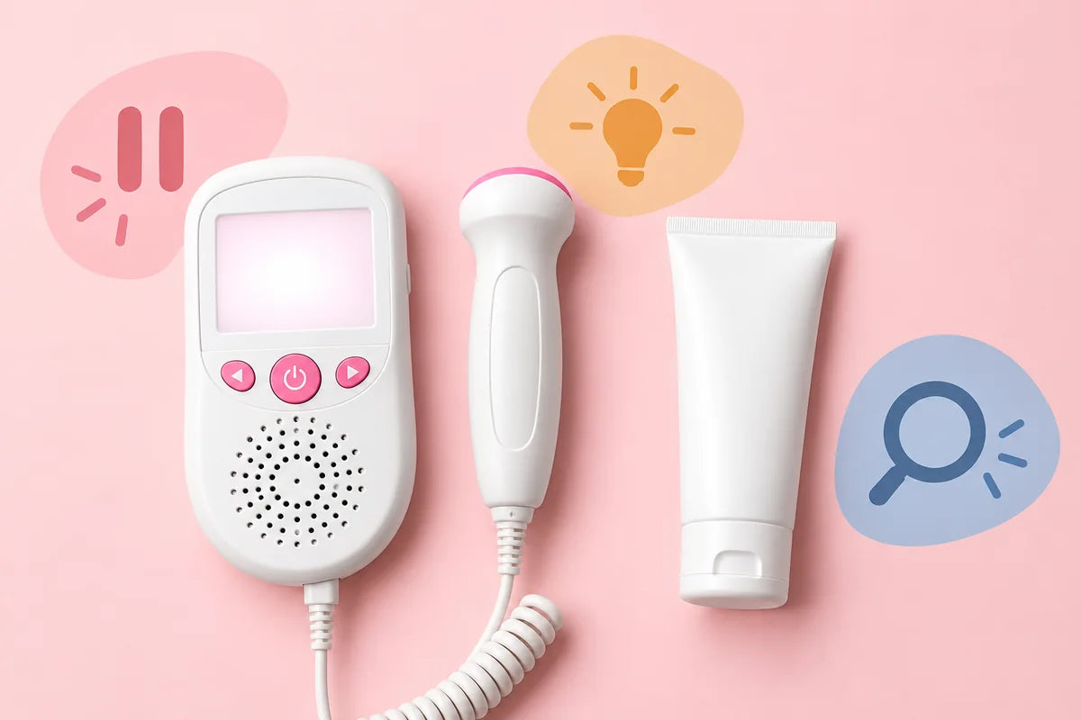 Fetal Doppler and gel with neutral pause and review symbols