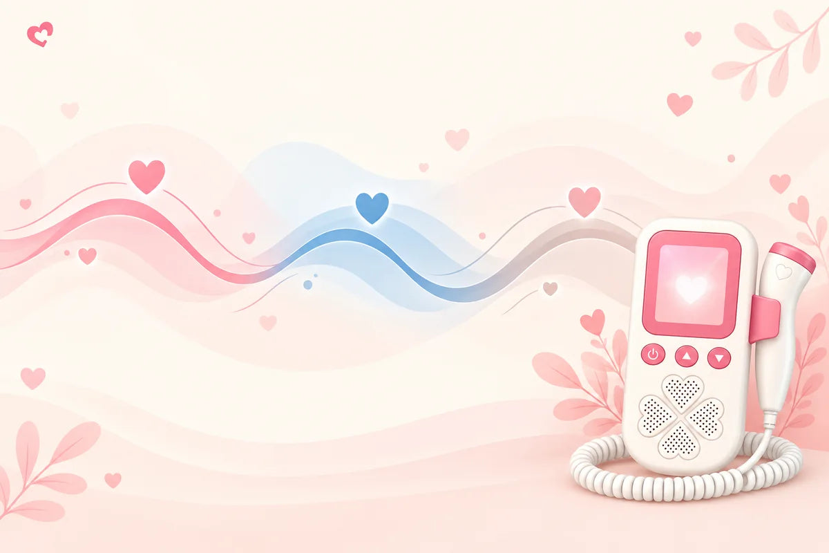 Language-neutral illustration of a fetal Doppler with gentle abstract lines and hearts