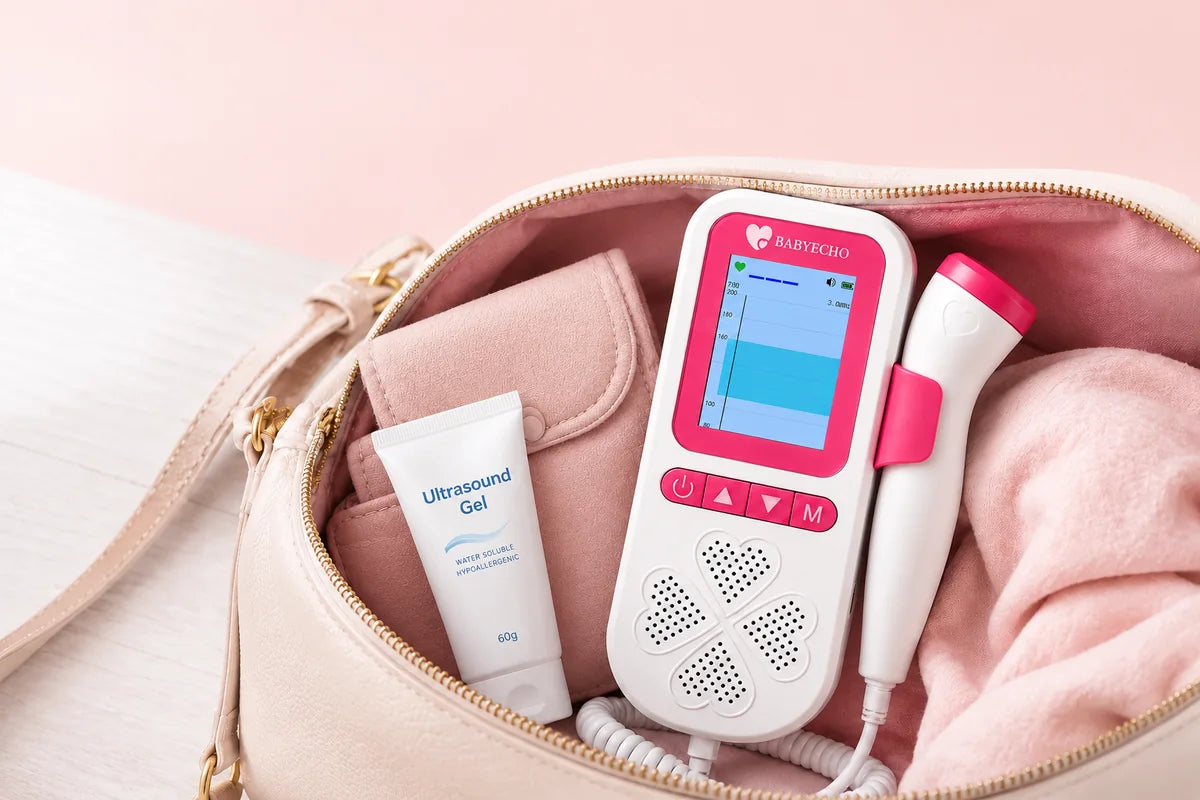 Babyecho portable fetal Doppler, probe and ultrasound gel packed in a travel bag