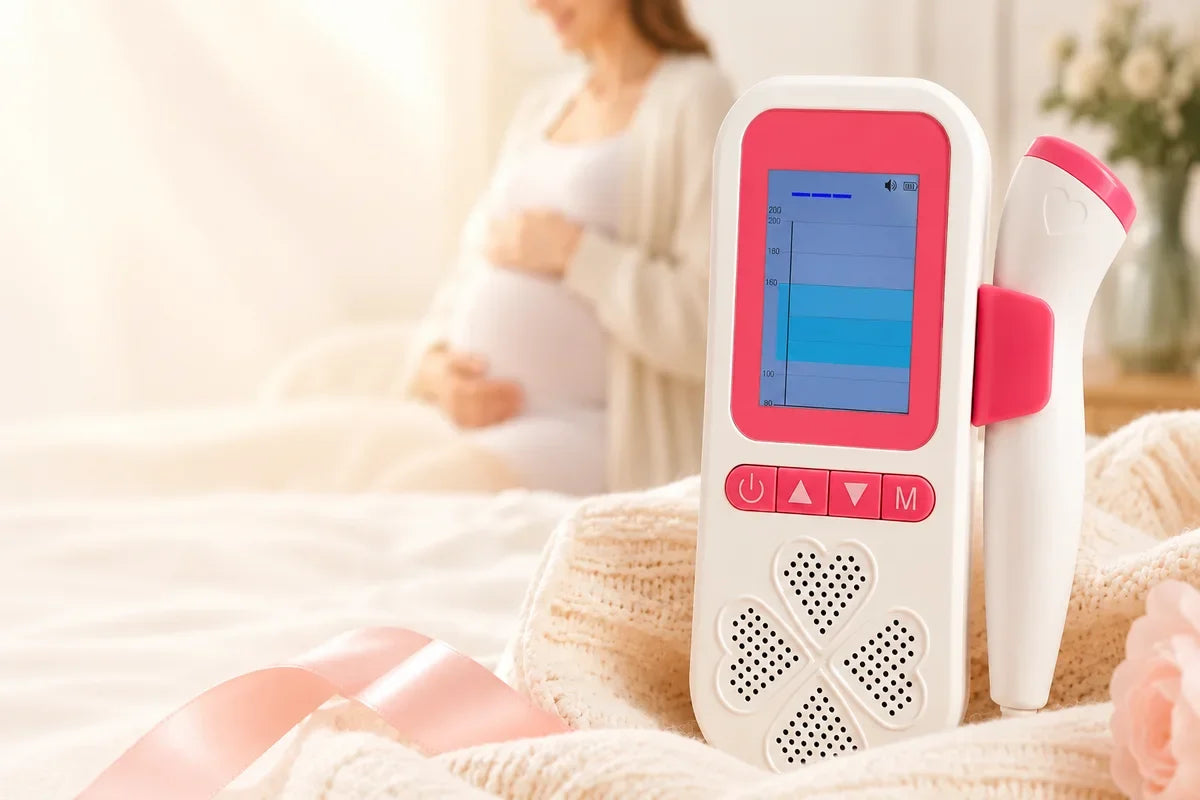 Babyecho Fetal Doppler Pro with probe in a warm home setting