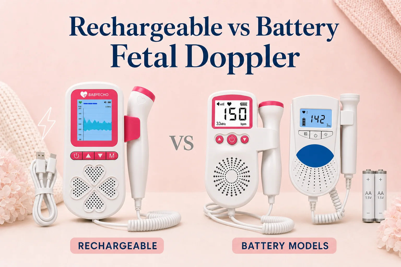 Rechargeable vs battery fetal doppler comparison featuring Babyecho Pro, Babyecho Standard, and another battery-powered model