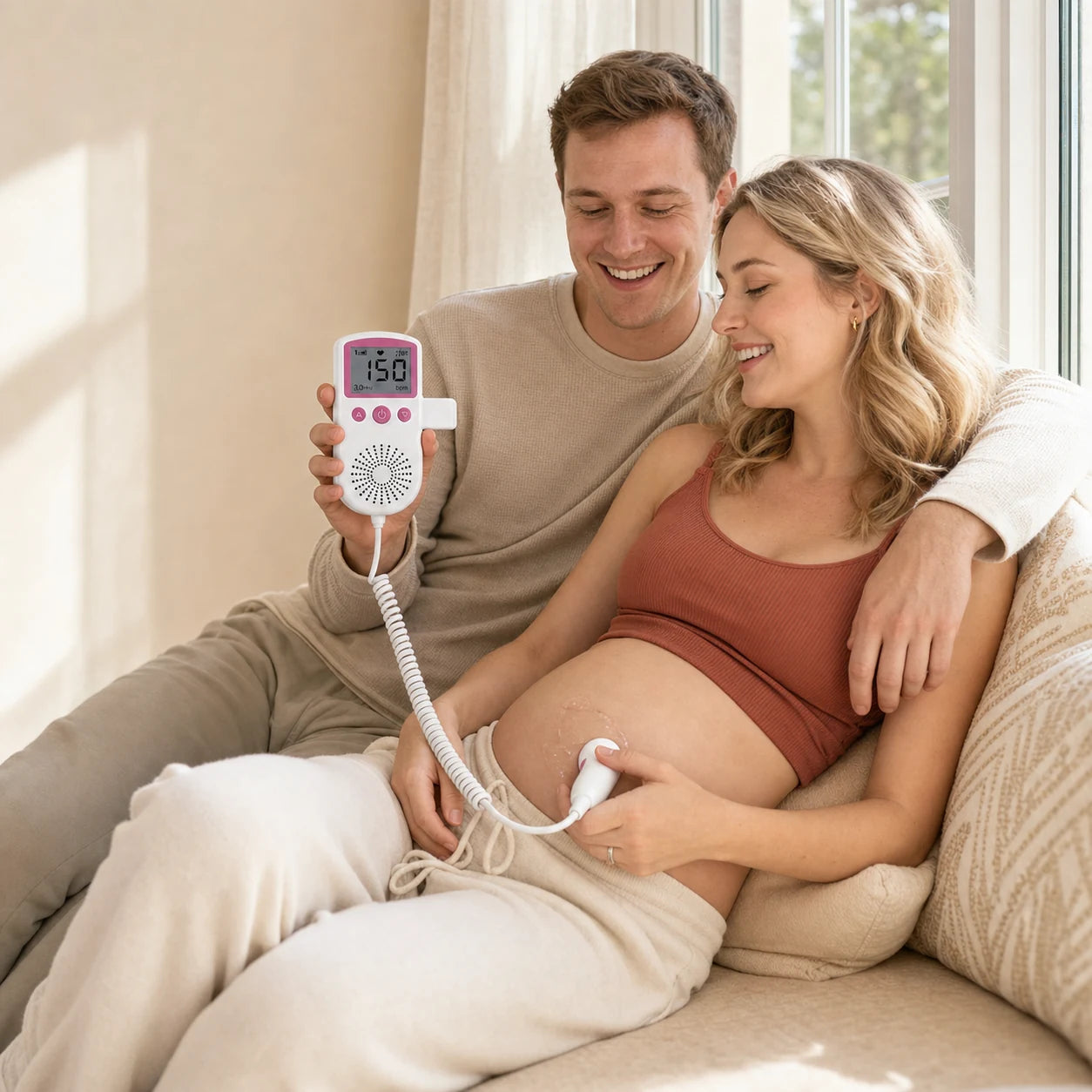 Expecting couple sharing a Babyecho Doppler Standard listening moment at home