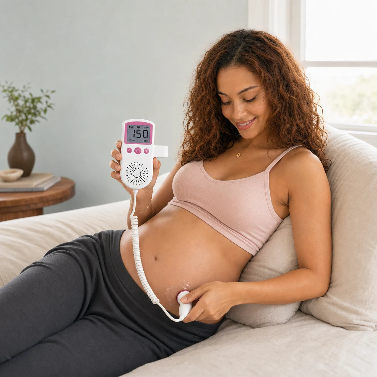 Pregnant woman using Babyecho Doppler Standard on bare abdomen with ultrasound gel