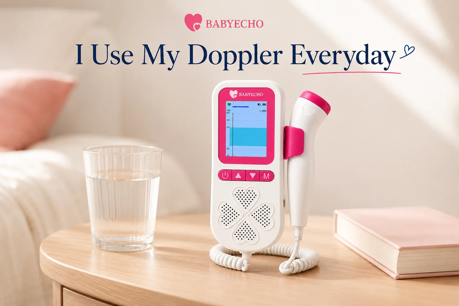 Fetal doppler on bedside table with water and book — calm everyday listening routine